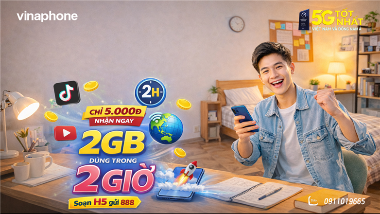 Gói H5 VinaPhone: Chỉ 5.000đ nhận ngay 2GB data tốc độ cao dùng trong 2 giờ