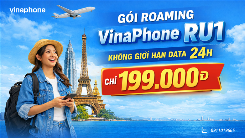 Gói RU1 VinaPhone không giới hạn data roaming 24h chỉ 199.000đ