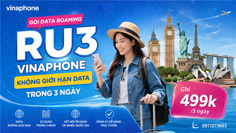 Gói data roaming RU3 VinaPhone không giới hạn data trong 3 ngày