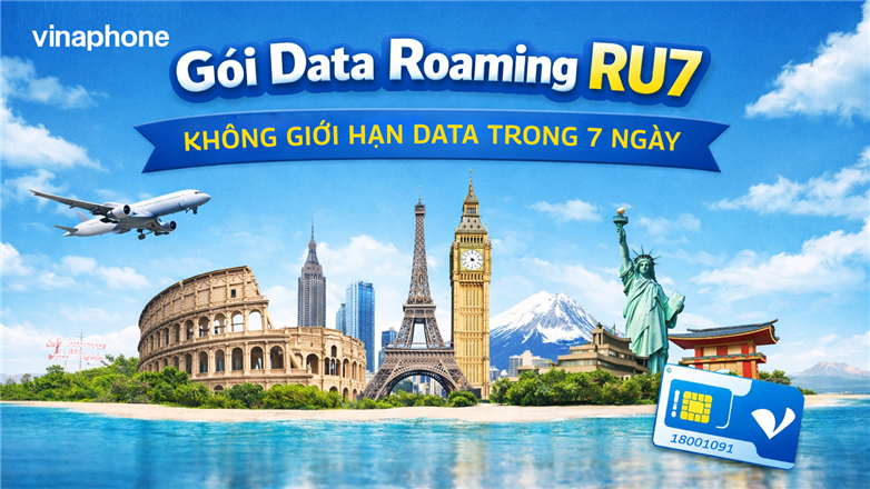 Gói data roaming RU7 VinaPhone không giới hạn data trong 7 ngày