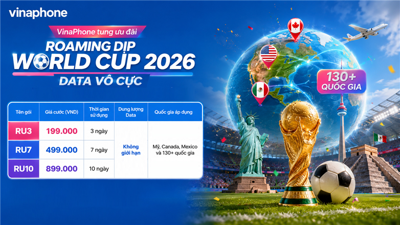 VinaPhone tung ưu đãi Roaming dịp World Cup 2026: Data vô cực tại Mỹ, Canada, Mexico và 130+ quốc gia
