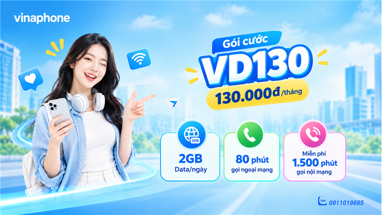 Hướng dẫn đăng ký gói VD130 VinaPhone có ngay 60GB, Gọi 1580 Phút gọi