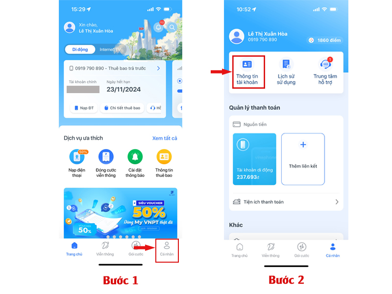 Xem thông tin tài khoản trên App My VNPT