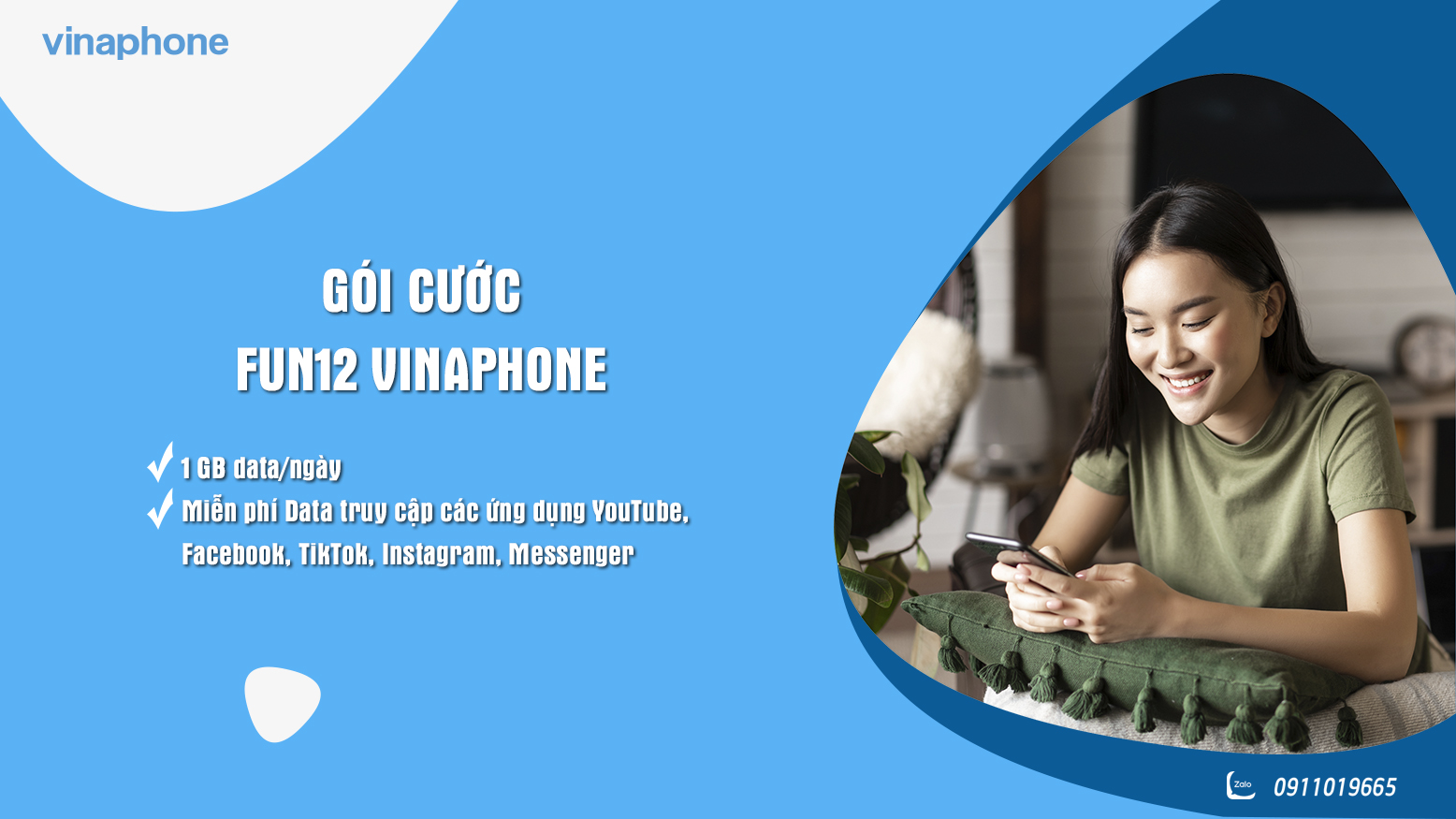 Đăng ký gói FUN12 của VinaPhone nhận ngay 1GB và free data facebook, tiktok