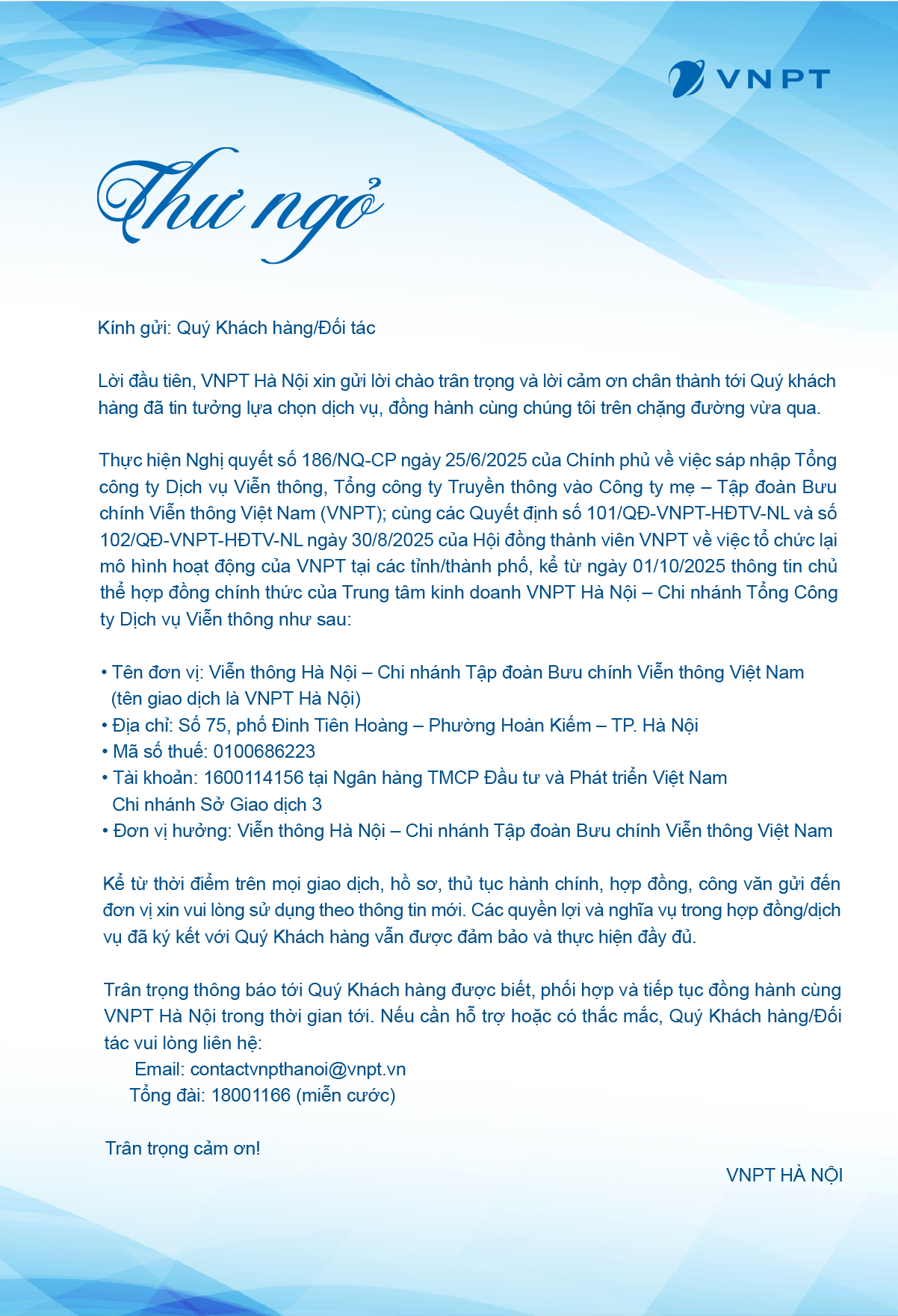 Thư ngỏ thay đổi tên chủ thể doanh nghiệp